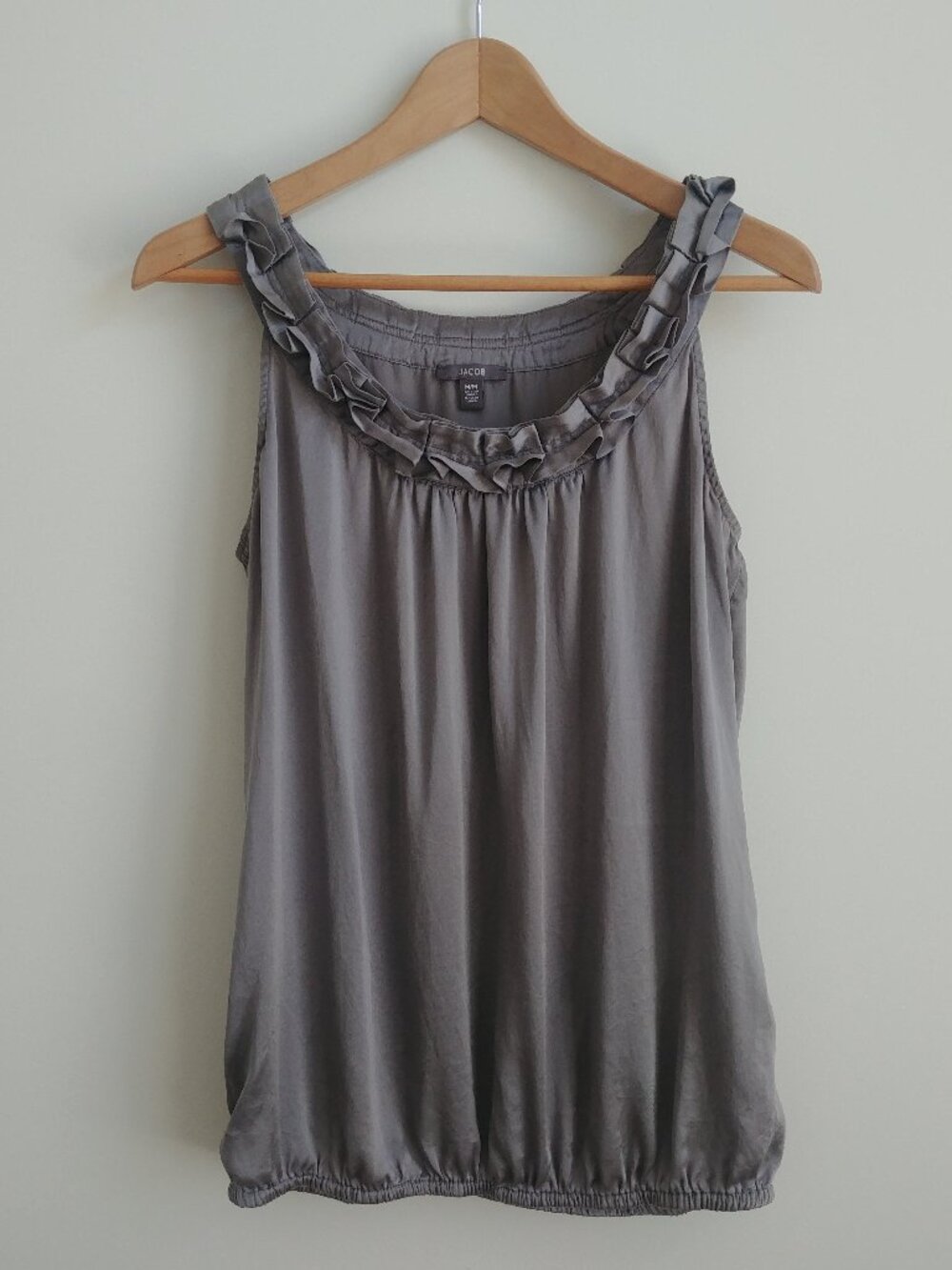 Y2K 100% silk Jacob bubble hem ruffle collar sleeveless blouse top silve…